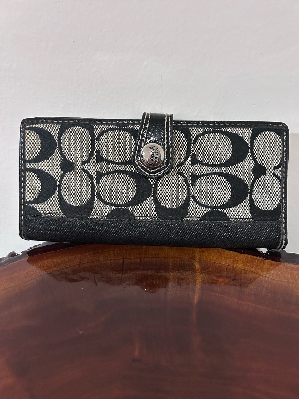 Coach Black and Gray Signature Continental Wallet